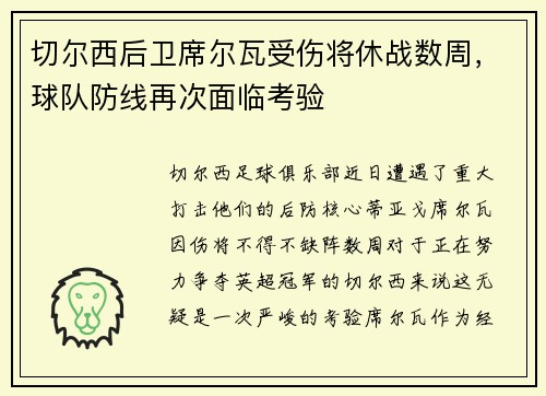 切尔西后卫席尔瓦受伤将休战数周，球队防线再次面临考验