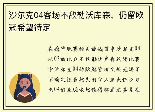 沙尔克04客场不敌勒沃库森，仍留欧冠希望待定